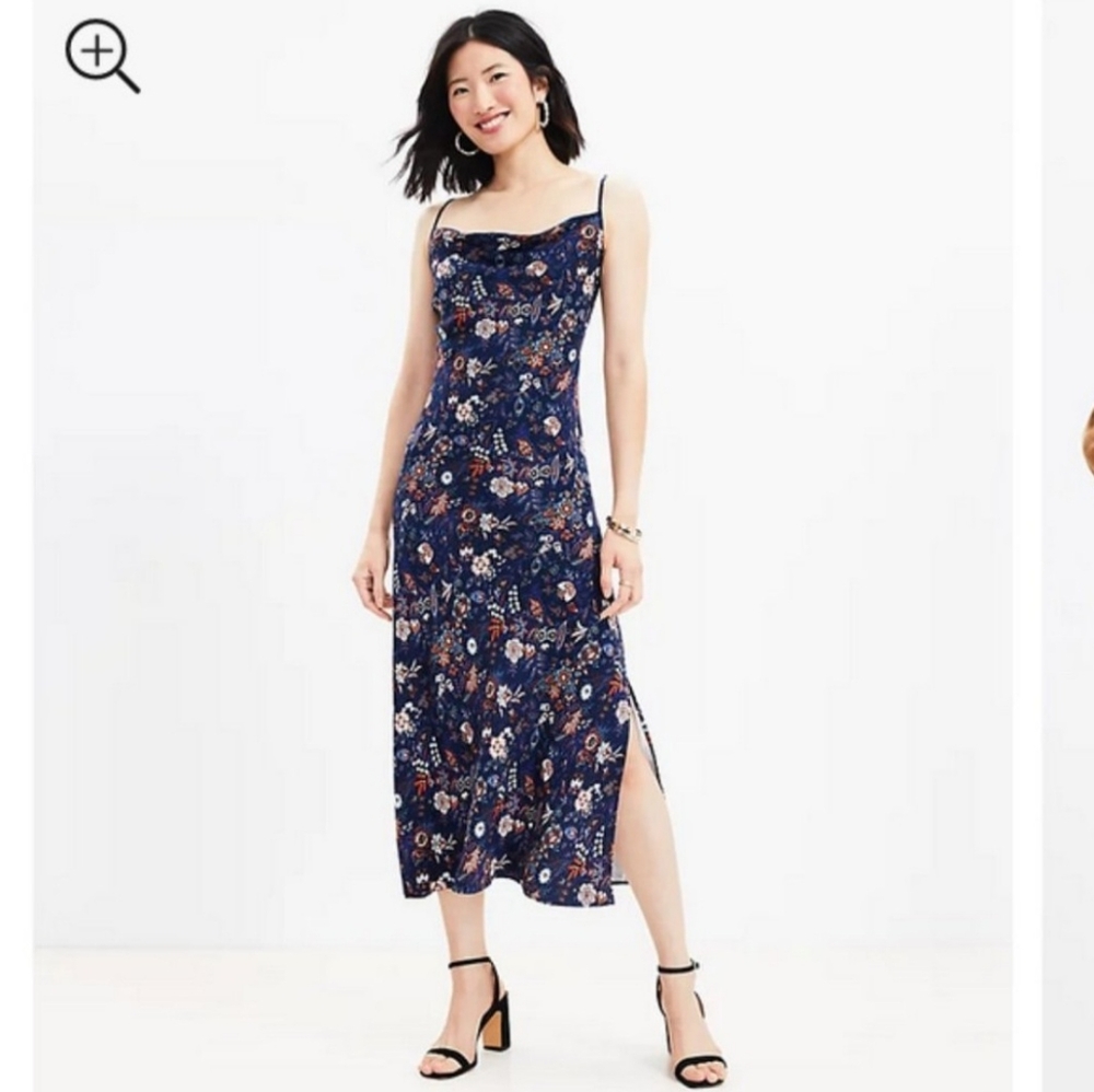 Loft Shimmer Garden Cowl Midi Slip Dress
